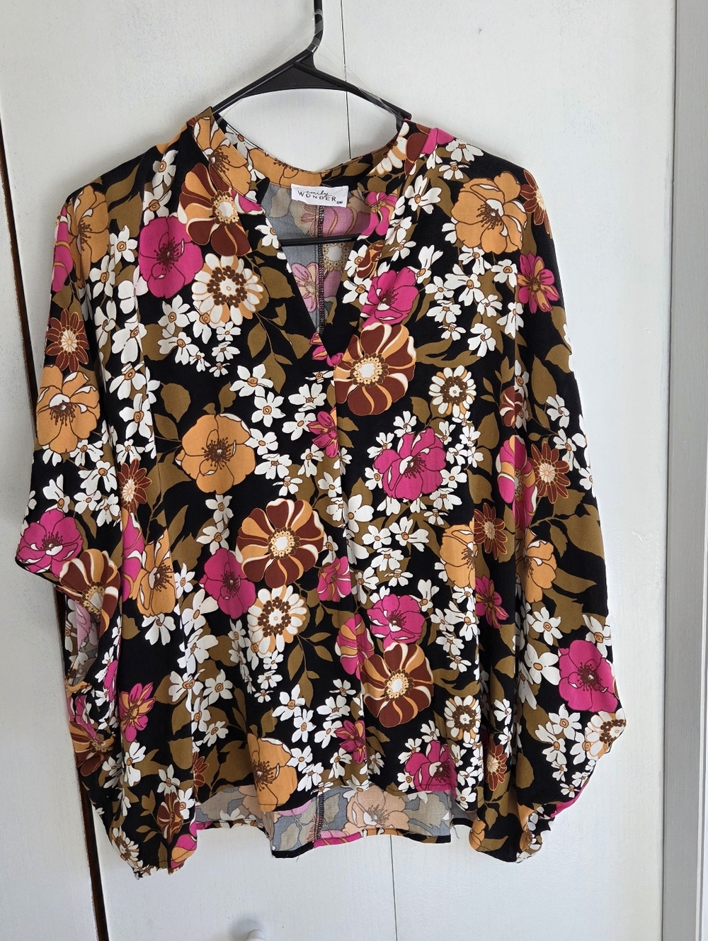 Floral V-Neck Blouse in Black with Pink & Mustard Blooms